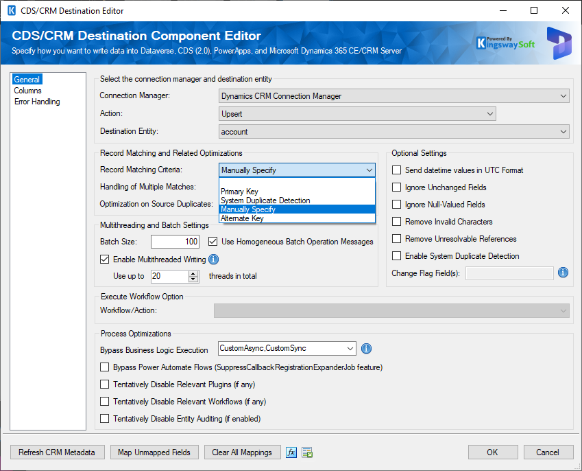 CRM Destination Component - General Manually Specify